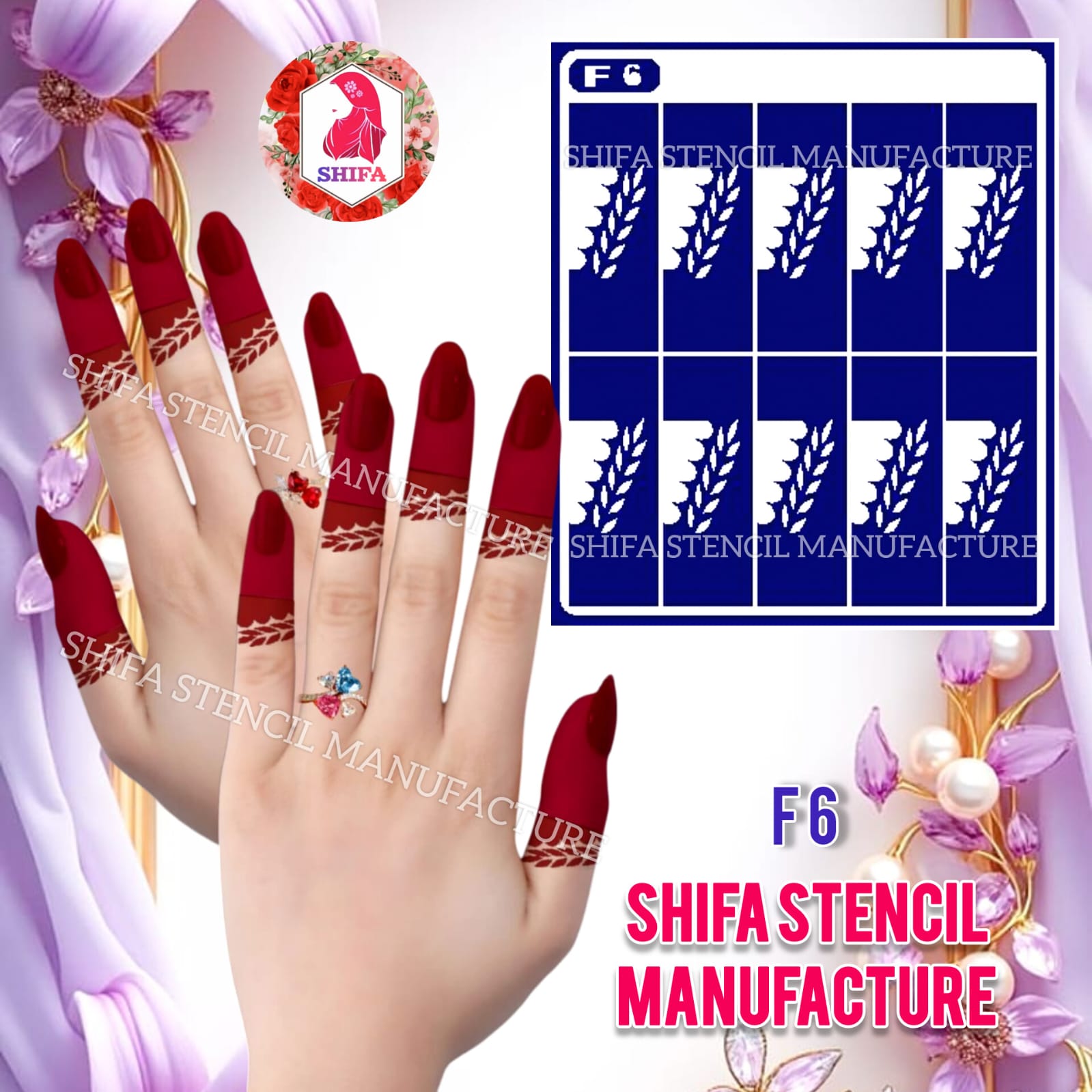 F 6 Diagonal Leaf Accent Sticker Overview Henna Stencil - Shifa Stencil